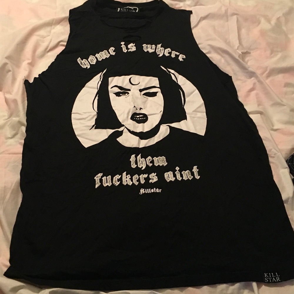 Killstar Black Graphic Muscle Tee with White Gothic Woman Print